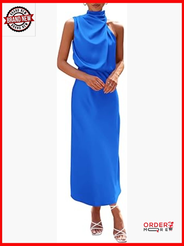 Elegant Sleeveless Mock Neck Maxi Dress Silky Satin Fit & Flare Swing Dress